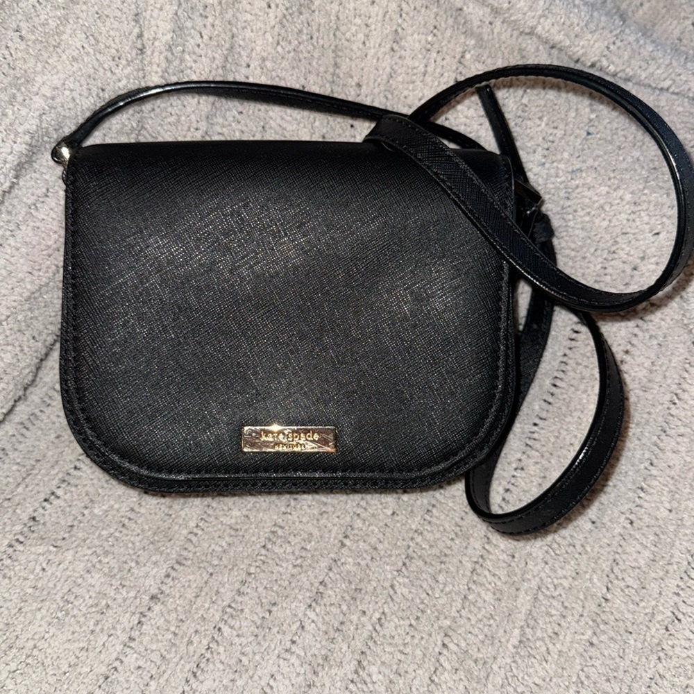 Kate Spade Black Leather Front Flap - 2 separate inner sections 23” strap